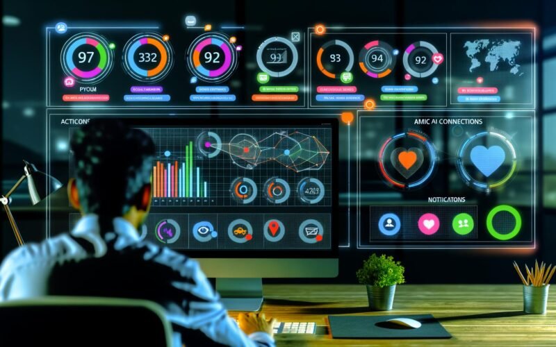 Modernes Dashboard im Dark Mode mit vielfältigen Diagrammen, KPIs, Datenquellen-Icons und aktivem Nutzer am Schreibtisch