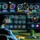 Modernes Dashboard im Dark Mode mit vielfältigen Diagrammen, KPIs, Datenquellen-Icons und aktivem Nutzer am Schreibtisch