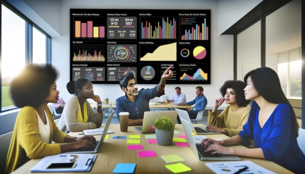 Marketingteam im modernen Büro, das vor einem großen Bildschirm mit anschaulichem Daten-Dashboard zusammenarbeitet und Datenanalysen diskutiert