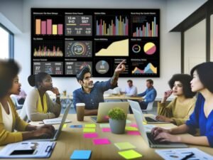 Marketingteam im modernen Büro, das vor einem großen Bildschirm mit anschaulichem Daten-Dashboard zusammenarbeitet und Datenanalysen diskutiert