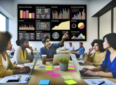 Marketingteam im modernen Büro, das vor einem großen Bildschirm mit anschaulichem Daten-Dashboard zusammenarbeitet und Datenanalysen diskutiert
