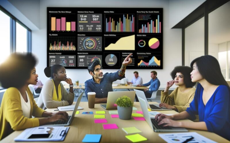 Marketingteam im modernen Büro, das vor einem großen Bildschirm mit anschaulichem Daten-Dashboard zusammenarbeitet und Datenanalysen diskutiert