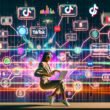 Smarte Social-Media-Marketerin sitzt vor mehreren Bildschirmen mit TikTok-Marketing-Analytics, Dollarzeichen, Algorithmus-Grafiken und trendigen Content-Elementen, umgeben von bunten TikTok-Farben, Hashtags und Soundwellen.