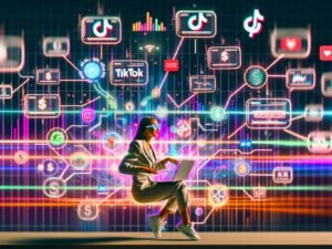 Smarte Social-Media-Marketerin sitzt vor mehreren Bildschirmen mit TikTok-Marketing-Analytics, Dollarzeichen, Algorithmus-Grafiken und trendigen Content-Elementen, umgeben von bunten TikTok-Farben, Hashtags und Soundwellen.