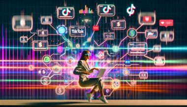 Smarte Social-Media-Marketerin sitzt vor mehreren Bildschirmen mit TikTok-Marketing-Analytics, Dollarzeichen, Algorithmus-Grafiken und trendigen Content-Elementen, umgeben von bunten TikTok-Farben, Hashtags und Soundwellen.