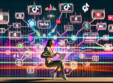 Smarte Social-Media-Marketerin sitzt vor mehreren Bildschirmen mit TikTok-Marketing-Analytics, Dollarzeichen, Algorithmus-Grafiken und trendigen Content-Elementen, umgeben von bunten TikTok-Farben, Hashtags und Soundwellen.