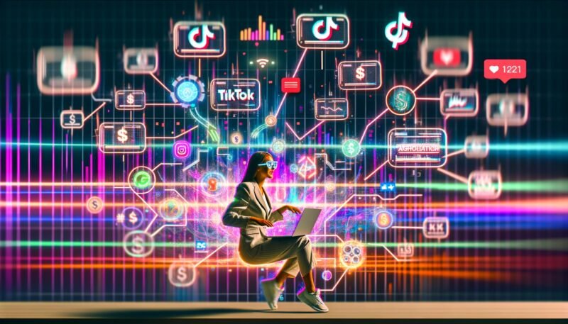 Smarte Social-Media-Marketerin sitzt vor mehreren Bildschirmen mit TikTok-Marketing-Analytics, Dollarzeichen, Algorithmus-Grafiken und trendigen Content-Elementen, umgeben von bunten TikTok-Farben, Hashtags und Soundwellen.