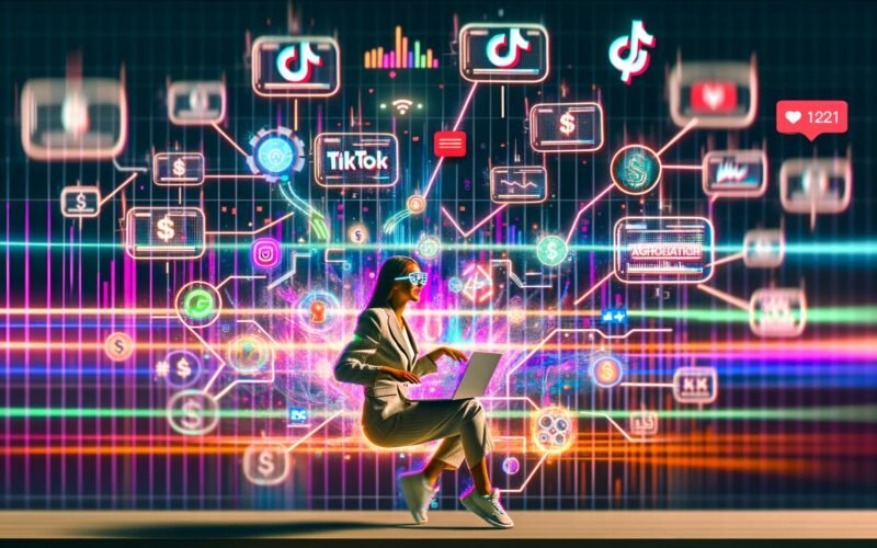 Smarte Social-Media-Marketerin sitzt vor mehreren Bildschirmen mit TikTok-Marketing-Analytics, Dollarzeichen, Algorithmus-Grafiken und trendigen Content-Elementen, umgeben von bunten TikTok-Farben, Hashtags und Soundwellen.