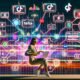 Smarte Social-Media-Marketerin sitzt vor mehreren Bildschirmen mit TikTok-Marketing-Analytics, Dollarzeichen, Algorithmus-Grafiken und trendigen Content-Elementen, umgeben von bunten TikTok-Farben, Hashtags und Soundwellen.