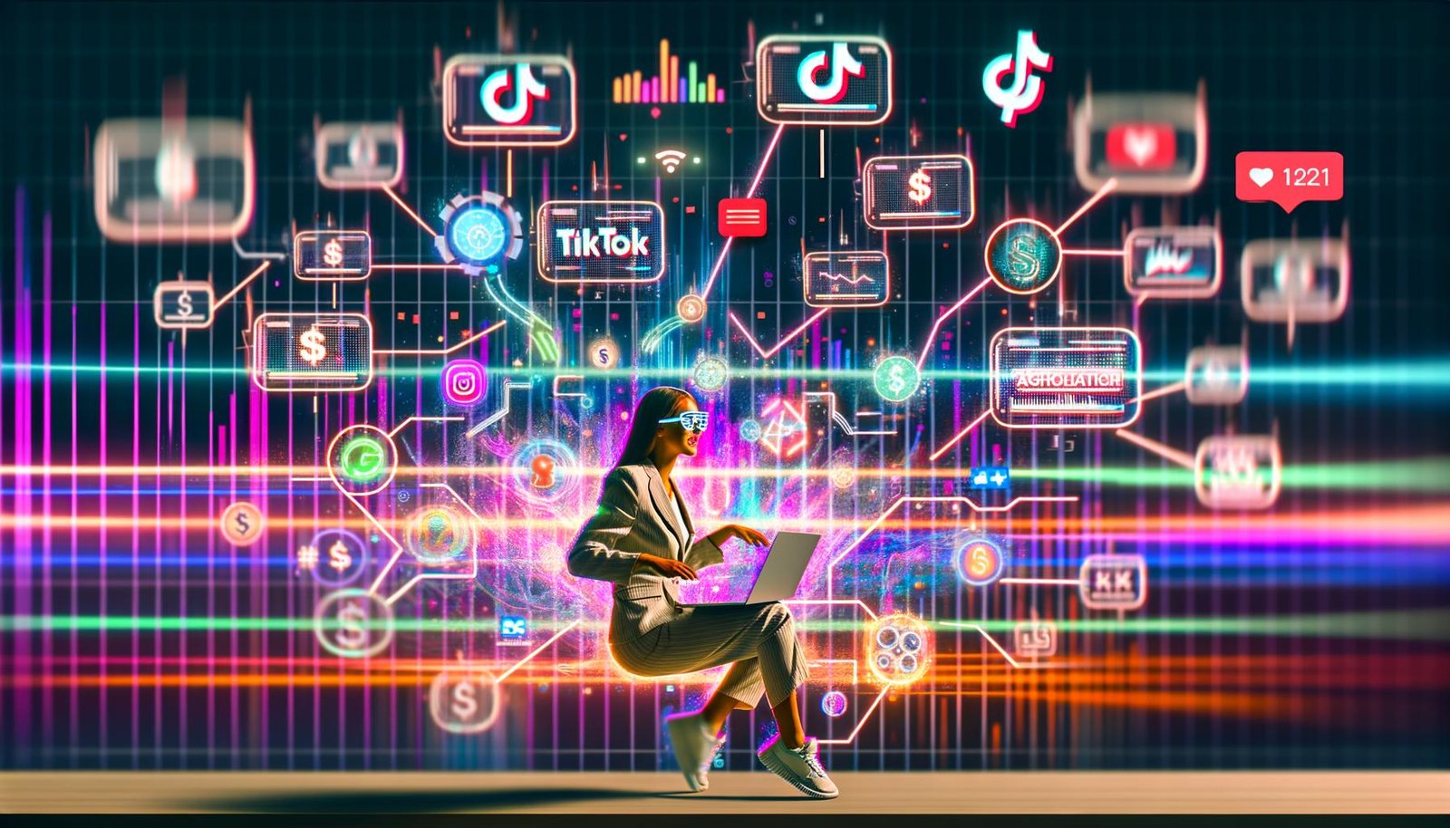 Smarte Social-Media-Marketerin sitzt vor mehreren Bildschirmen mit TikTok-Marketing-Analytics, Dollarzeichen, Algorithmus-Grafiken und trendigen Content-Elementen, umgeben von bunten TikTok-Farben, Hashtags und Soundwellen.