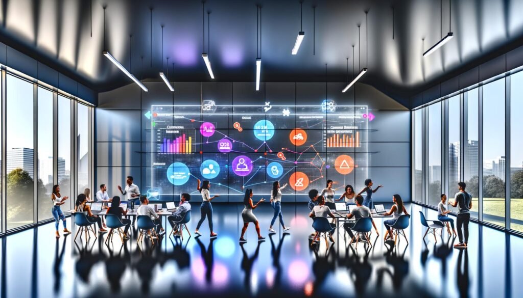 Modernes Büro mit digitalem Marketing-Dashboard, das diverse Marketers beim Analysieren und Besprechen von Echtzeit-KPIs, Diagrammen und Alert-Symbolen zeigt.