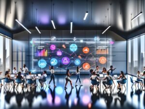 Modernes Büro mit digitalem Marketing-Dashboard, das diverse Marketers beim Analysieren und Besprechen von Echtzeit-KPIs, Diagrammen und Alert-Symbolen zeigt.
