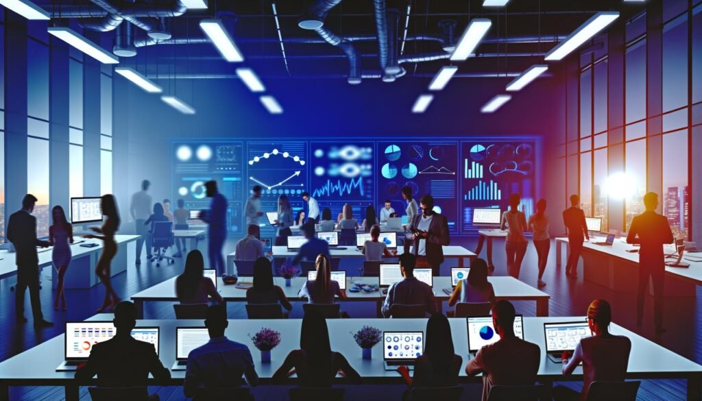 Gruppe junger Marketingexperten in einem modernen Großraumbüro, umgeben von Monitoren mit Statistik-Dashboards, Prozessdiagrammen und digitaler Ausstattung.