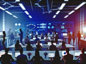 Gruppe junger Marketingexperten in einem modernen Großraumbüro, umgeben von Monitoren mit Statistik-Dashboards, Prozessdiagrammen und digitaler Ausstattung.