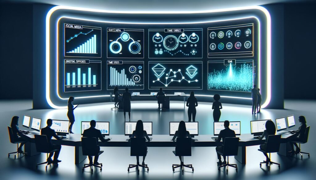 Futuristisches Kontrollzentrum mit großem Data Dashboard, auf dem Marketers und Entwickler vor modernen LED-Lichtern verschiedene Datenanalysen überwachen.