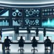 Futuristisches Kontrollzentrum mit großem Data Dashboard, auf dem Marketers und Entwickler vor modernen LED-Lichtern verschiedene Datenanalysen überwachen.