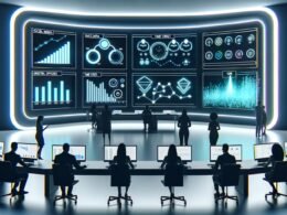 Futuristisches Kontrollzentrum mit großem Data Dashboard, auf dem Marketers und Entwickler vor modernen LED-Lichtern verschiedene Datenanalysen überwachen.