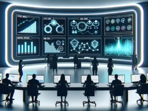 Futuristisches Kontrollzentrum mit großem Data Dashboard, auf dem Marketers und Entwickler vor modernen LED-Lichtern verschiedene Datenanalysen überwachen.