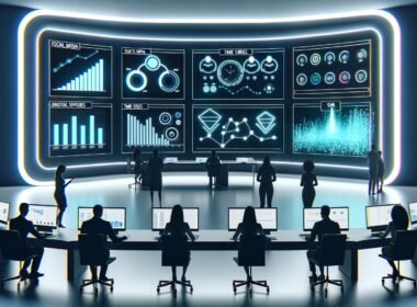 Futuristisches Kontrollzentrum mit großem Data Dashboard, auf dem Marketers und Entwickler vor modernen LED-Lichtern verschiedene Datenanalysen überwachen.