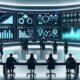 Futuristisches Kontrollzentrum mit großem Data Dashboard, auf dem Marketers und Entwickler vor modernen LED-Lichtern verschiedene Datenanalysen überwachen.