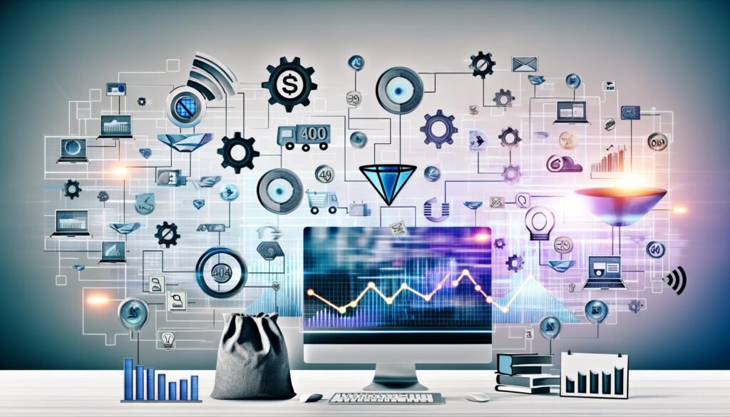 Collage eines modernen digitalen Unternehmer-Arbeitsplatzes mit Monitoren, Analytics-Tools, Automatisierungs- und E-Commerce-Symbolen in lichtdurchfluteter 404 Magazine-Ästhetik.