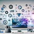 Collage eines modernen digitalen Unternehmer-Arbeitsplatzes mit Monitoren, Analytics-Tools, Automatisierungs- und E-Commerce-Symbolen in lichtdurchfluteter 404 Magazine-Ästhetik.