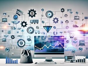 Collage eines modernen digitalen Unternehmer-Arbeitsplatzes mit Monitoren, Analytics-Tools, Automatisierungs- und E-Commerce-Symbolen in lichtdurchfluteter 404 Magazine-Ästhetik.