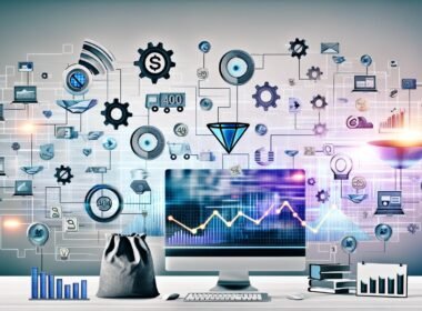 Collage eines modernen digitalen Unternehmer-Arbeitsplatzes mit Monitoren, Analytics-Tools, Automatisierungs- und E-Commerce-Symbolen in lichtdurchfluteter 404 Magazine-Ästhetik.