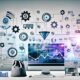 Collage eines modernen digitalen Unternehmer-Arbeitsplatzes mit Monitoren, Analytics-Tools, Automatisierungs- und E-Commerce-Symbolen in lichtdurchfluteter 404 Magazine-Ästhetik.