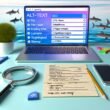 Moderne Schreibtisch-Szene mit Laptop, Browser-Tabs wie Google Bildersuche, PageSpeed Insights und Bild-Sitemap-Generator, flankiert von SEO-Notizen zu Alt-Text, WebP, CDN und strukturierte Daten. Im Hintergrund Haifischflossen als Metapher für den Wettbewerbsdruck im Marketing.