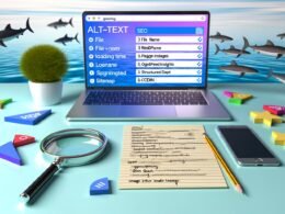 Moderne Schreibtisch-Szene mit Laptop, Browser-Tabs wie Google Bildersuche, PageSpeed Insights und Bild-Sitemap-Generator, flankiert von SEO-Notizen zu Alt-Text, WebP, CDN und strukturierte Daten. Im Hintergrund Haifischflossen als Metapher für den Wettbewerbsdruck im Marketing.