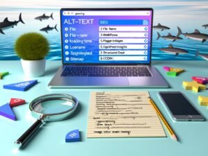 Moderne Schreibtisch-Szene mit Laptop, Browser-Tabs wie Google Bildersuche, PageSpeed Insights und Bild-Sitemap-Generator, flankiert von SEO-Notizen zu Alt-Text, WebP, CDN und strukturierte Daten. Im Hintergrund Haifischflossen als Metapher für den Wettbewerbsdruck im Marketing.