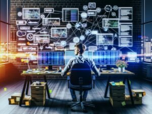 Illustration eines jungen Entrepreneurs in einem urbanen Loft, am Schreibtisch mit Monitoren voller Dashboards und Code, umgeben von digitalen Symbolen, Whiteboards und Post-Its mit Technologie-Stichworten.