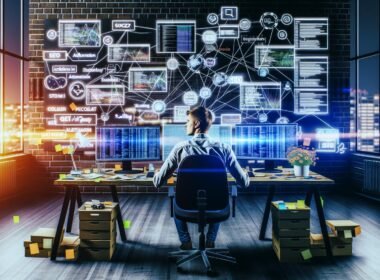 Illustration eines jungen Entrepreneurs in einem urbanen Loft, am Schreibtisch mit Monitoren voller Dashboards und Code, umgeben von digitalen Symbolen, Whiteboards und Post-Its mit Technologie-Stichworten.