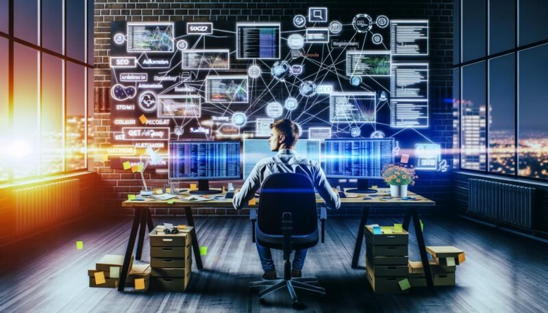 Illustration eines jungen Entrepreneurs in einem urbanen Loft, am Schreibtisch mit Monitoren voller Dashboards und Code, umgeben von digitalen Symbolen, Whiteboards und Post-Its mit Technologie-Stichworten.