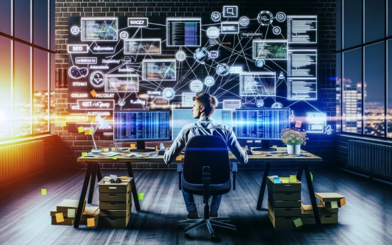 Illustration eines jungen Entrepreneurs in einem urbanen Loft, am Schreibtisch mit Monitoren voller Dashboards und Code, umgeben von digitalen Symbolen, Whiteboards und Post-Its mit Technologie-Stichworten.