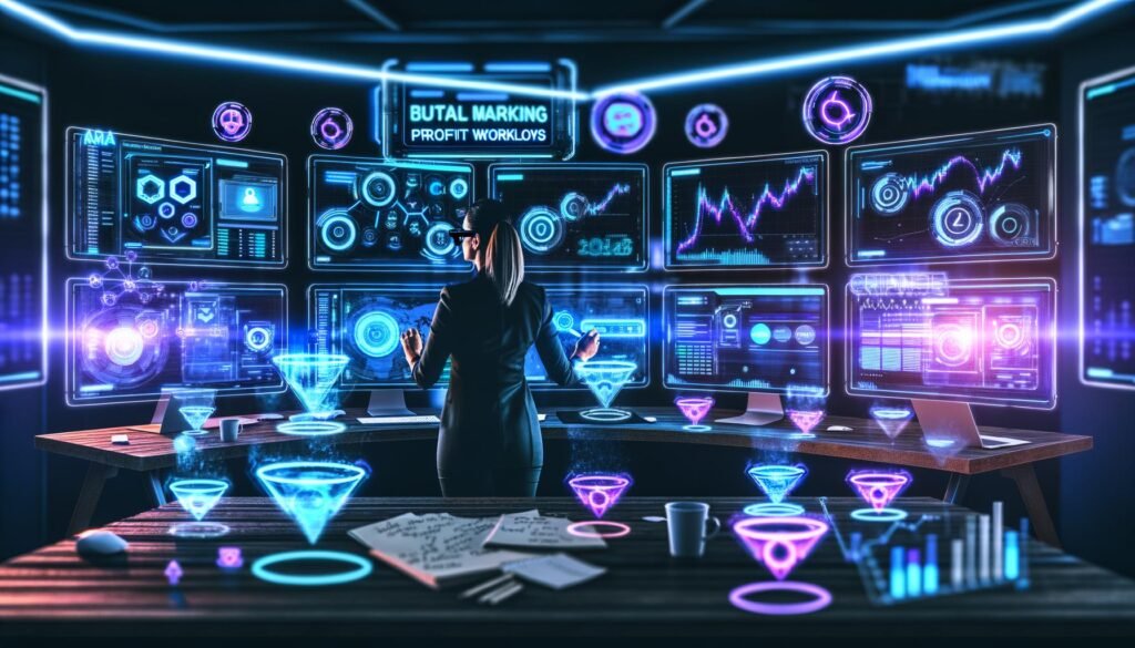 Digitaler Marketing-Arbeitsplatz mit mehreren Bildschirmen, die Echtzeit-Daten und Analyse-Tools zeigen, ein Stratege arbeitet konzentriert, umgeben von Notizen, Flowcharts und modernen Gadgets in neonbeleuchteter Umgebung.