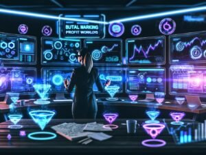 Digitaler Marketing-Arbeitsplatz mit mehreren Bildschirmen, die Echtzeit-Daten und Analyse-Tools zeigen, ein Stratege arbeitet konzentriert, umgeben von Notizen, Flowcharts und modernen Gadgets in neonbeleuchteter Umgebung.