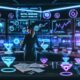 Digitaler Marketing-Arbeitsplatz mit mehreren Bildschirmen, die Echtzeit-Daten und Analyse-Tools zeigen, ein Stratege arbeitet konzentriert, umgeben von Notizen, Flowcharts und modernen Gadgets in neonbeleuchteter Umgebung.