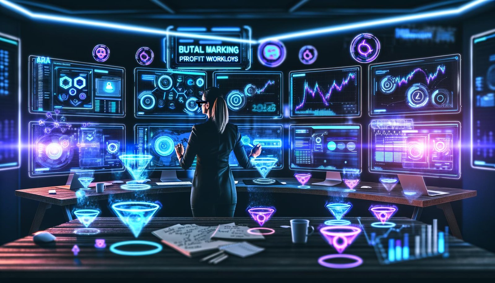 Digitaler Marketing-Arbeitsplatz mit mehreren Bildschirmen, die Echtzeit-Daten und Analyse-Tools zeigen, ein Stratege arbeitet konzentriert, umgeben von Notizen, Flowcharts und modernen Gadgets in neonbeleuchteter Umgebung.