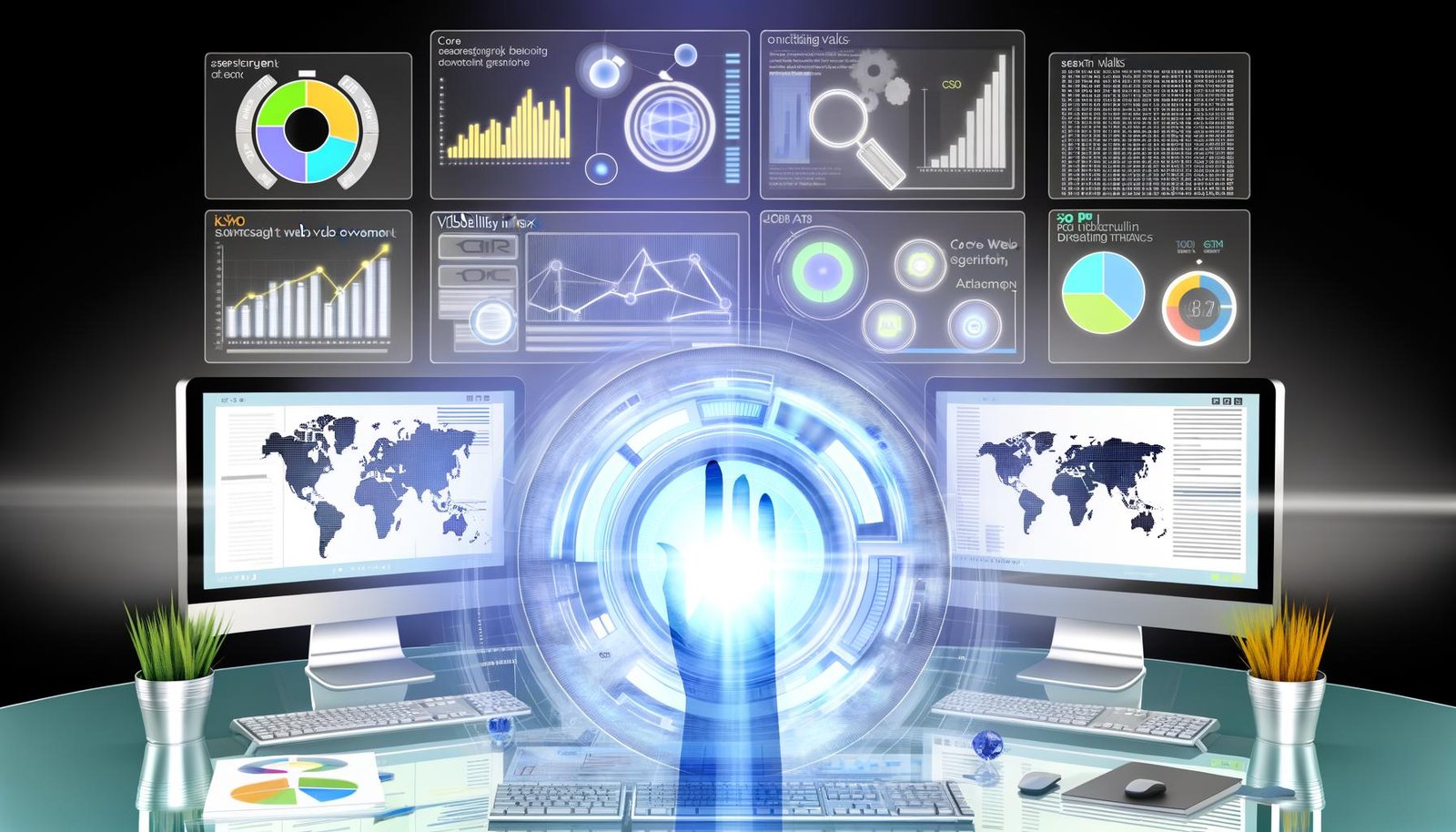 Moderne Infografiken und Illustrationen zeigen ein digitales SEO-Cockpit, farbige KPI-Widgets, Analyse-Tools wie Sistrix, Looker Studio, Search Console sowie Fehler im Reporting und eine Schritt-für-Schritt SEO-Roadmap.