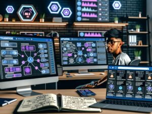 Urbanes Homeoffice-Setting mit jungem Influencer vor Monitoren, auf denen Automatisierungswerkzeuge, Statistiken und Social Media angezeigt werden, umgeben von Notizbüchern, Smartphone und modernen LED-Gadgets.