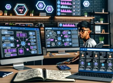 Urbanes Homeoffice-Setting mit jungem Influencer vor Monitoren, auf denen Automatisierungswerkzeuge, Statistiken und Social Media angezeigt werden, umgeben von Notizbüchern, Smartphone und modernen LED-Gadgets.