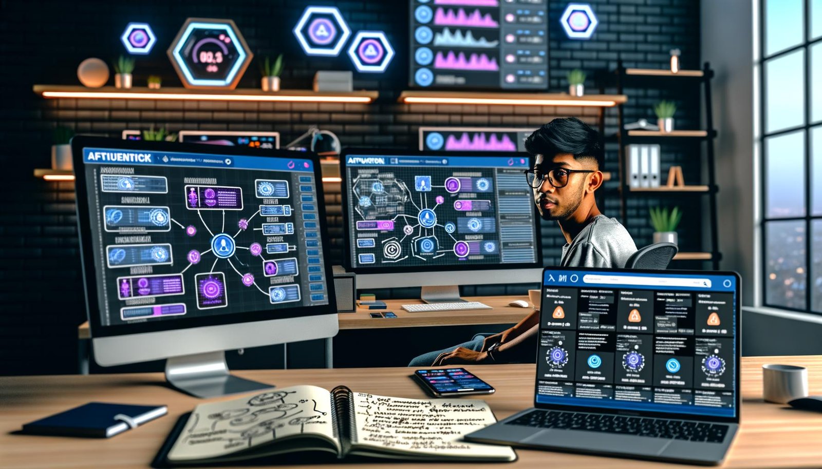 Urbanes Homeoffice-Setting mit jungem Influencer vor Monitoren, auf denen Automatisierungswerkzeuge, Statistiken und Social Media angezeigt werden, umgeben von Notizbüchern, Smartphone und modernen LED-Gadgets.