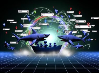Illustration eines kleinen Online-Shop-Boots im digitalen Meer, umkreist von Hai-Logos großer E-Commerce-Marken wie Zalando, Otto und Amazon, umgeben von SEO-Codes, Analysediagrammen und Meta-Tags.