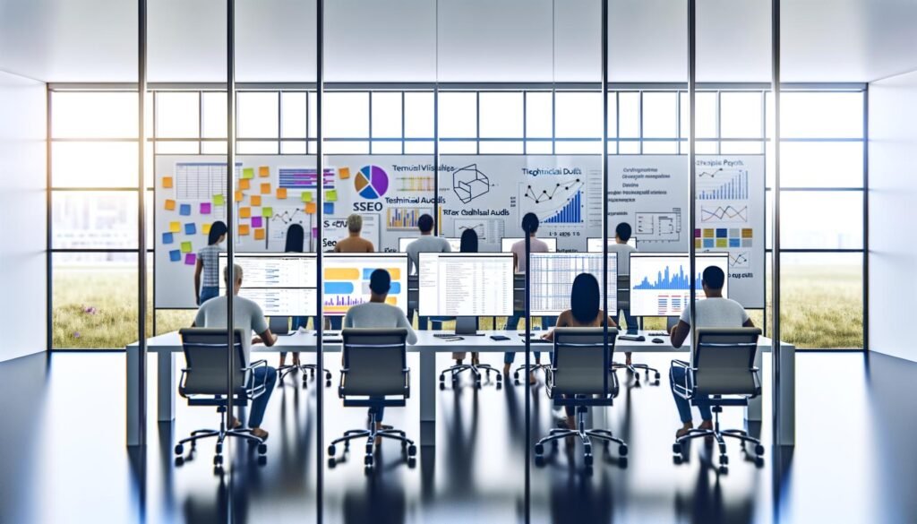 SEO-Expert:innen-Team analysiert Daten und strategische Pläne im modernen, offenen Büro mit Glaswänden