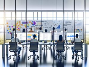 SEO-Expert:innen-Team analysiert Daten und strategische Pläne im modernen, offenen Büro mit Glaswänden