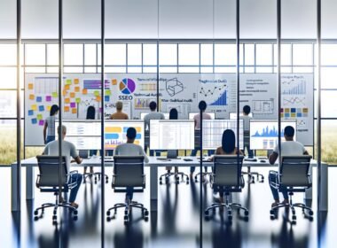 SEO-Expert:innen-Team analysiert Daten und strategische Pläne im modernen, offenen Büro mit Glaswänden