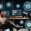 Junge Influencerin im modernen Home-Office bei Nacht, vor mehreren Monitoren mit Dashboards und Automations-Icons, Smartphone liegt daneben.