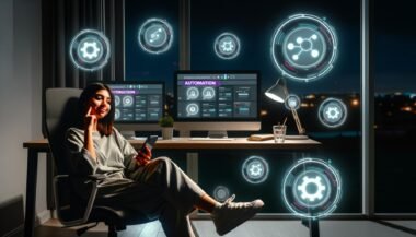 Junge Influencerin im modernen Home-Office bei Nacht, vor mehreren Monitoren mit Dashboards und Automations-Icons, Smartphone liegt daneben.